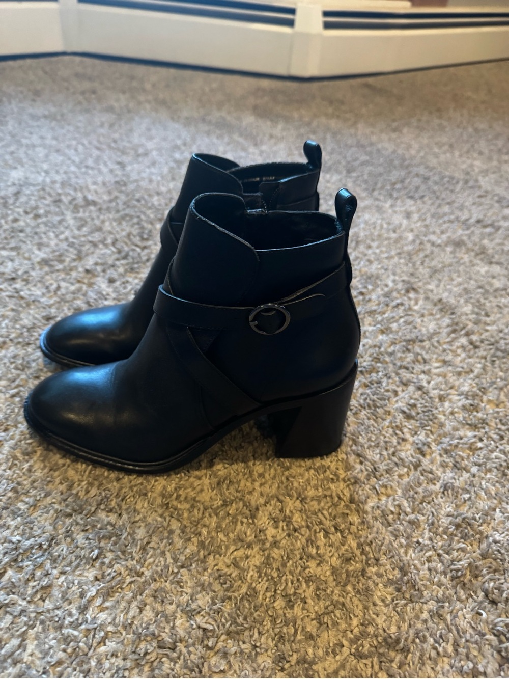 ANTONIO MELANI Black Leather Block-Heel Ankle Boots with Buckle Strap